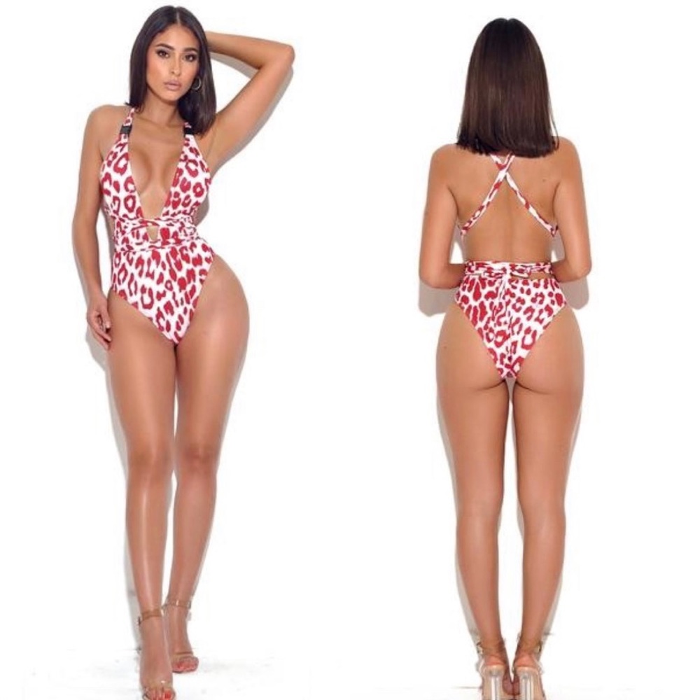 Red & White Leopard Print One Piece Swimsuit